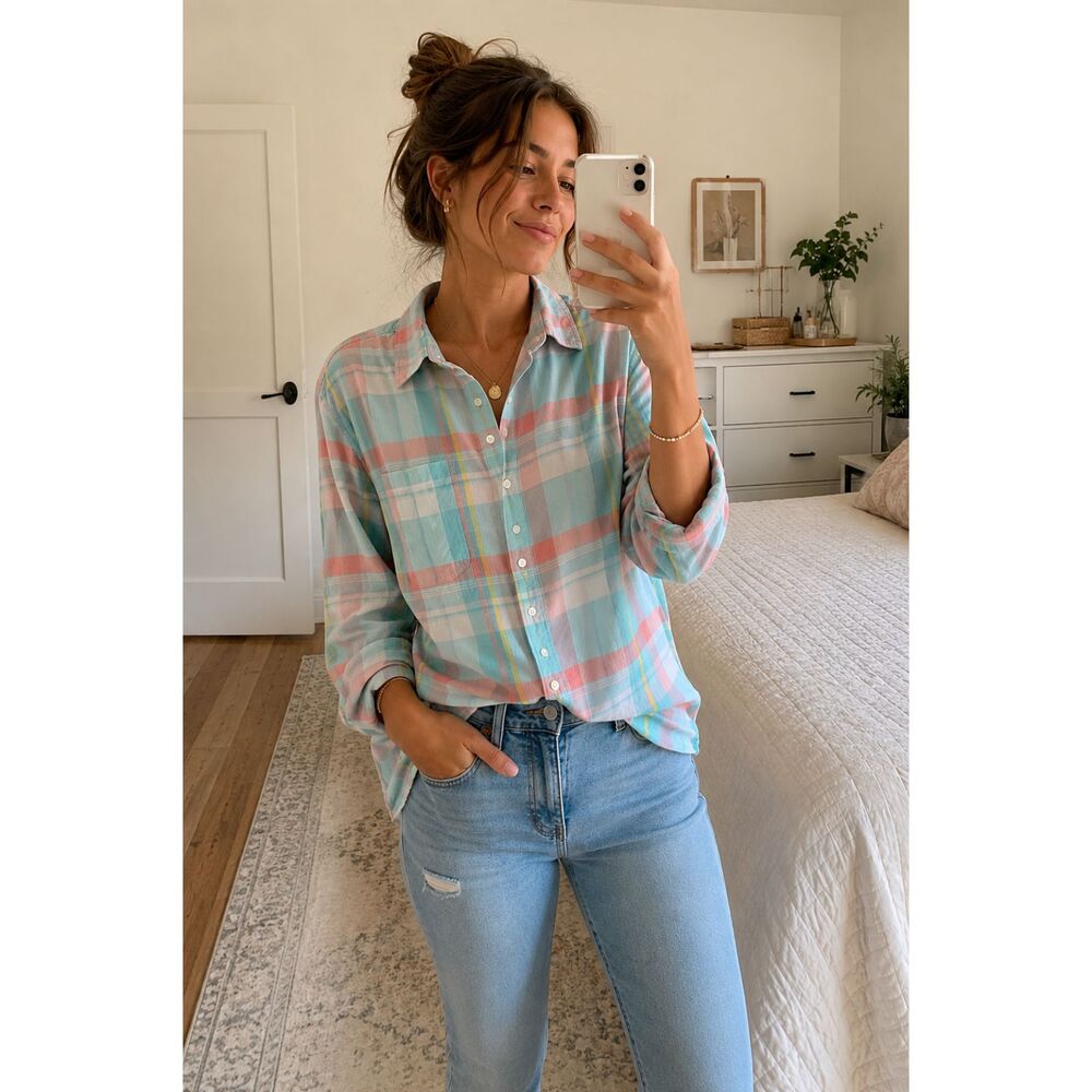 Lands' End Linen Blend Long Sleeve Button-up Plaid Shirt Size Large/T Pastel - Picture 1 of 6